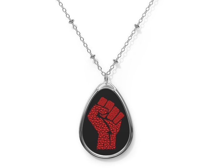Custom Oval Necklace, Heart Fist Pendant