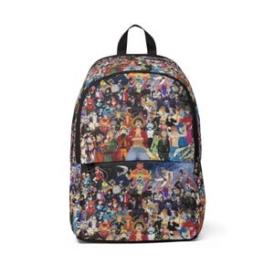 May include: A backpack featuring a vibrant, all-over print of various anime characters in a collage style. The design includes a top handle, black zippers, and a main compartment with a front pocket, showcasing a multitude of colorful figures.
