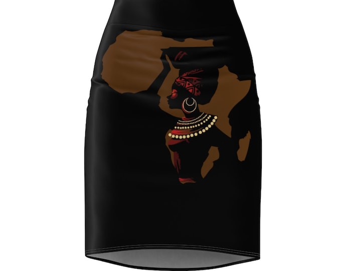 African Silhouette Pencil Skirt - Custom Design, Olive Black