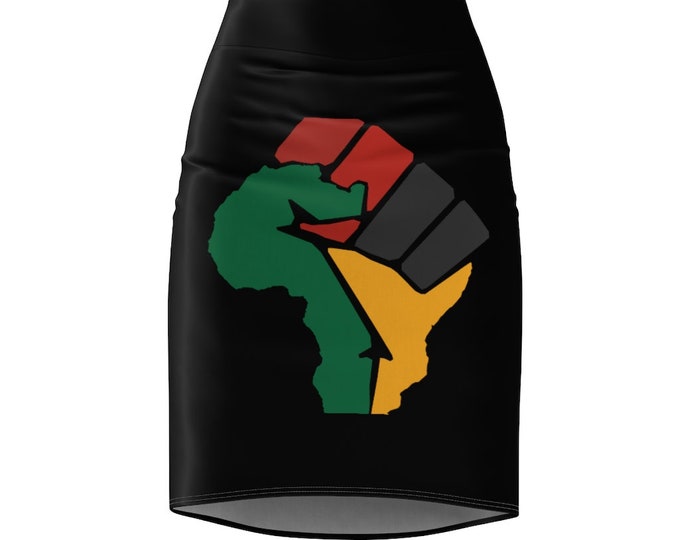 Womens Black Pencil Skirt with African Fist Design