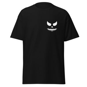 Klassiek T-shirt met eng gezicht logo linkerborst, grappige heren-T-shirts, grappige shirts, eng gezicht shirts, halloween-shirts, zwarte shirts,