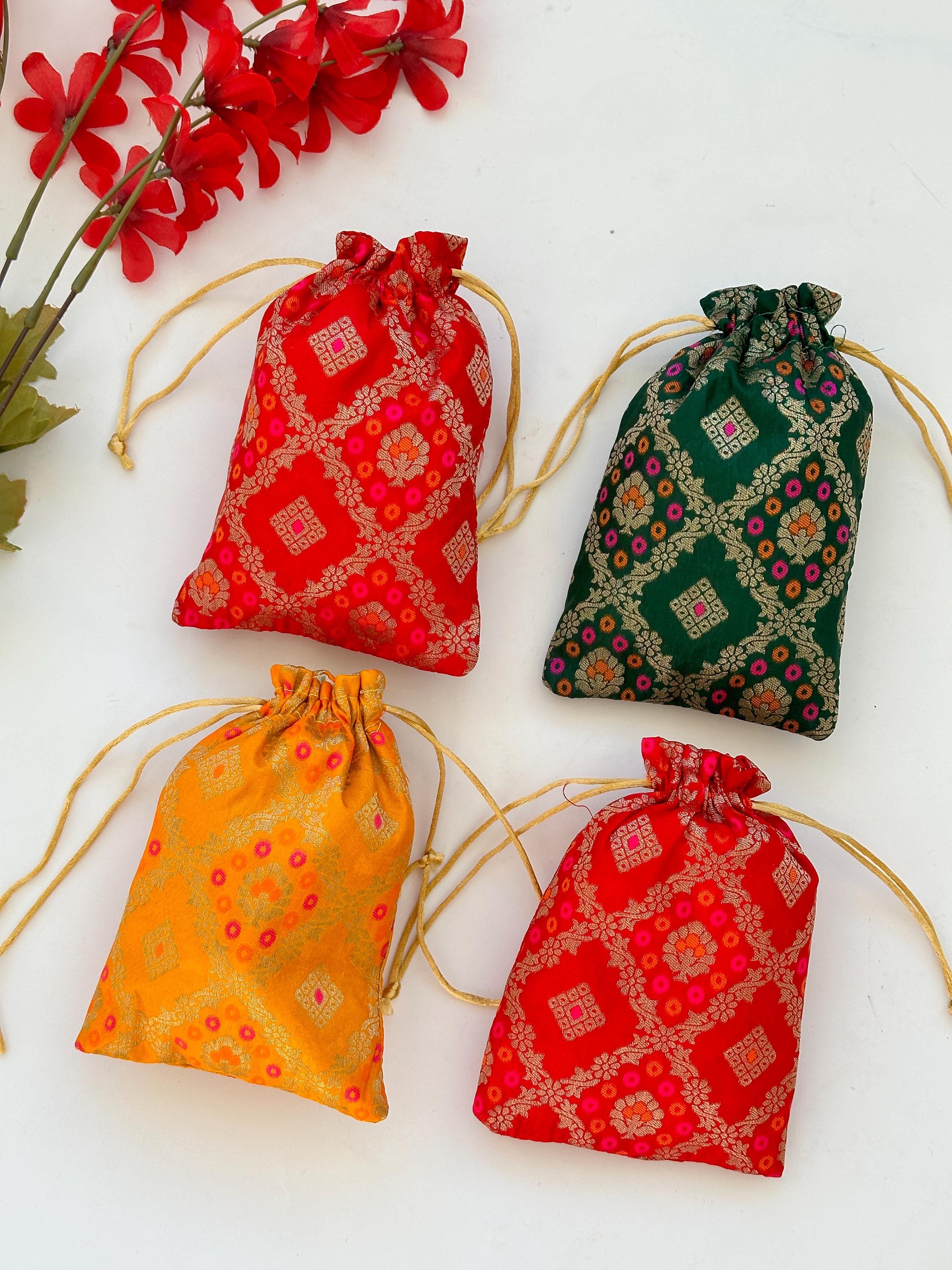 25 PCS Banarasi Brocade Fabric Drawstring Bags, 4x6 Fabric