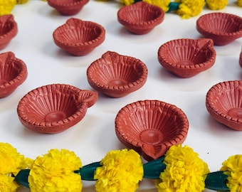 Set of 12 Handmade Indian Clay Diyas, Mitti Oil Lamps for Diwali Decor, Traditional Earthen Deepawali Lights, Wedding & Festival Decor