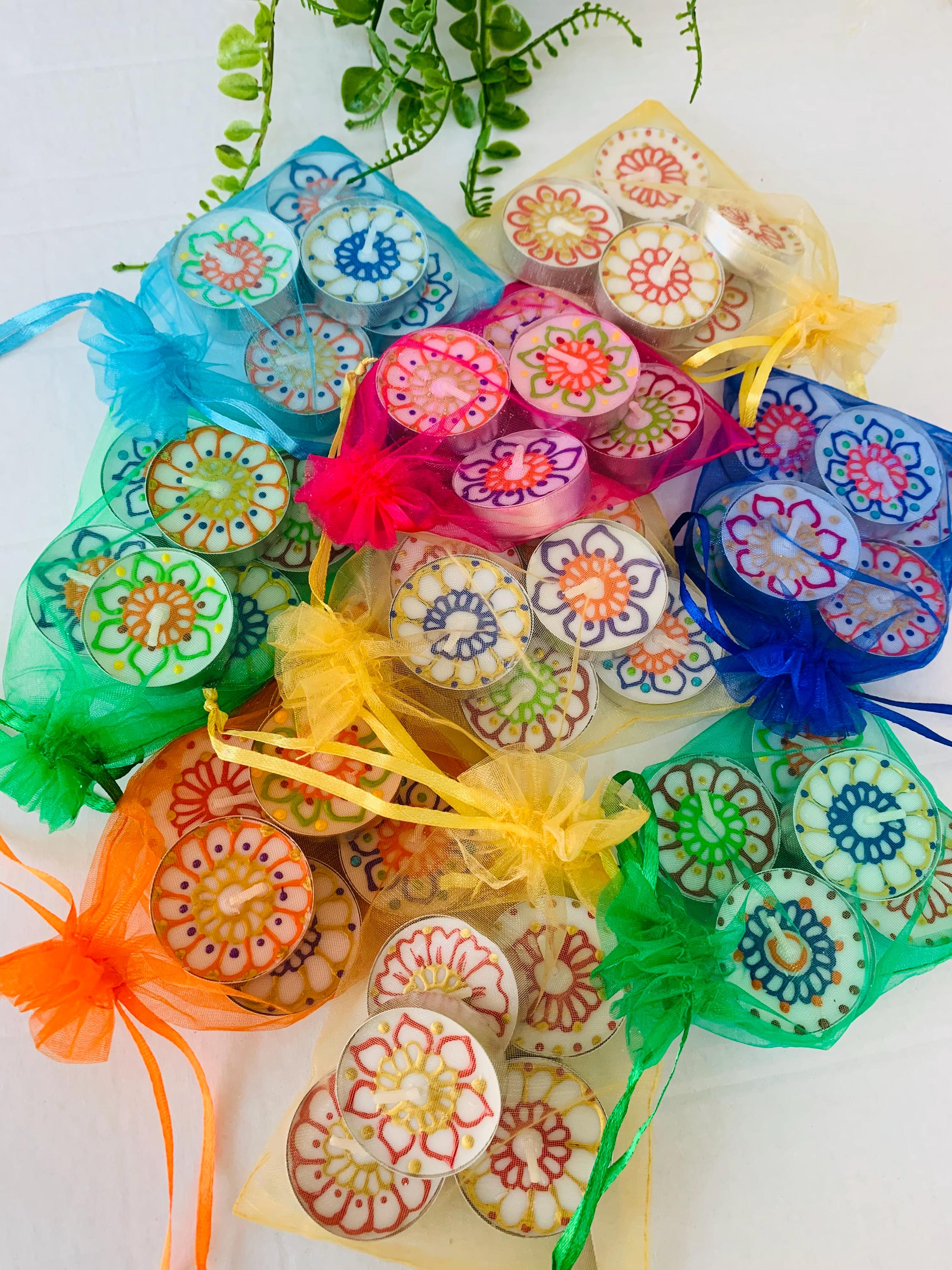 Henna Tea Light Diwali Favors: Pre-Packed Candles in Organza Bag