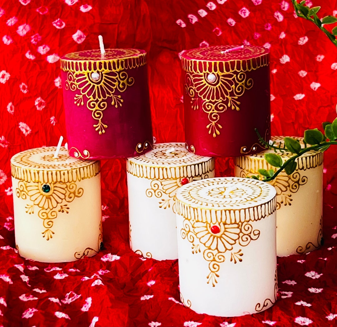 Personalized Henna Pillar Candles With Pearl Gems, Mehndi Gift, Henna