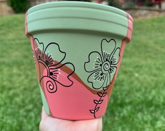 Hand Painted Terracotta 6" Planter | Boho Design Planter | Clay Planter with Drainage | Garden Lover Gift | Abstract Flower Planter