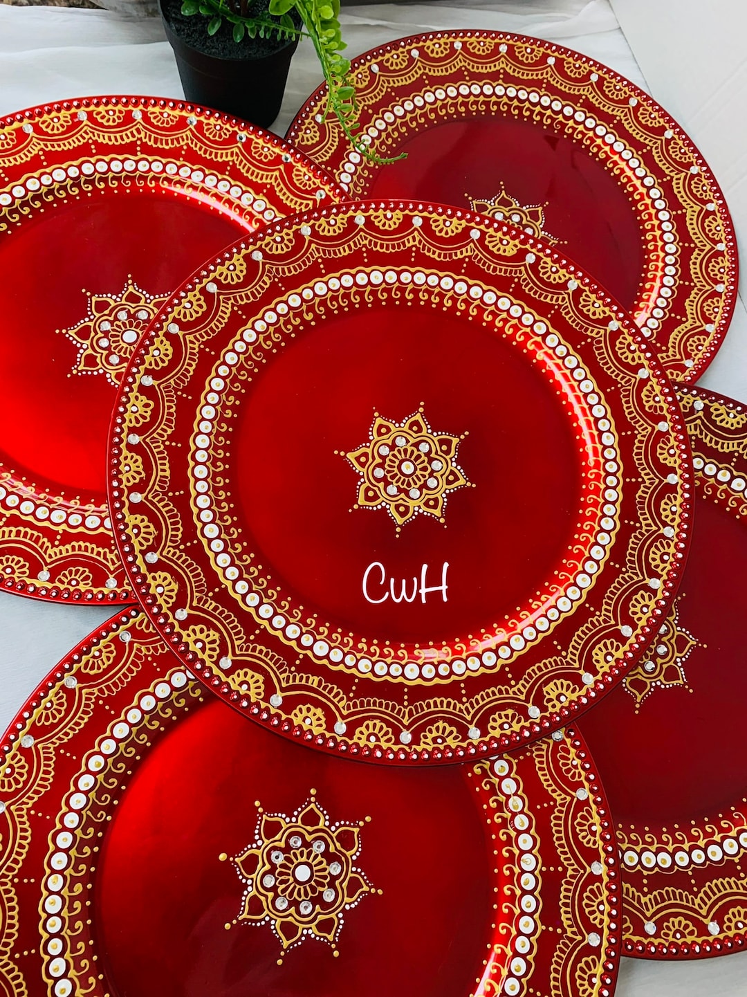 Set of 5 Mehndi Trays, Indian Wedding Decorative Trays, Red Henna