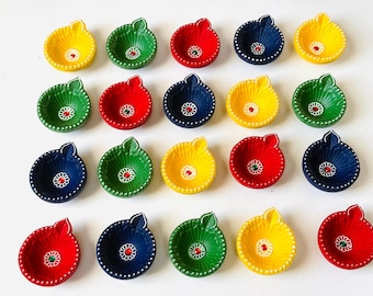 Hand-Painted Clay Diya Set: 20 Colorful Oil Lamps for Diwali Decor