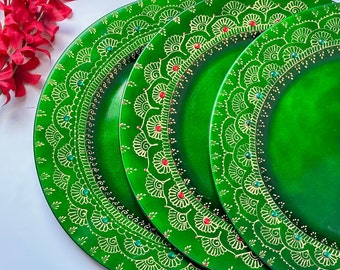 Set of 3 Henna Plates - Green | Henna Mehndi Thaal | Shagun Thaal | Wedding Nikkah Decoration | Wedding Trays Green