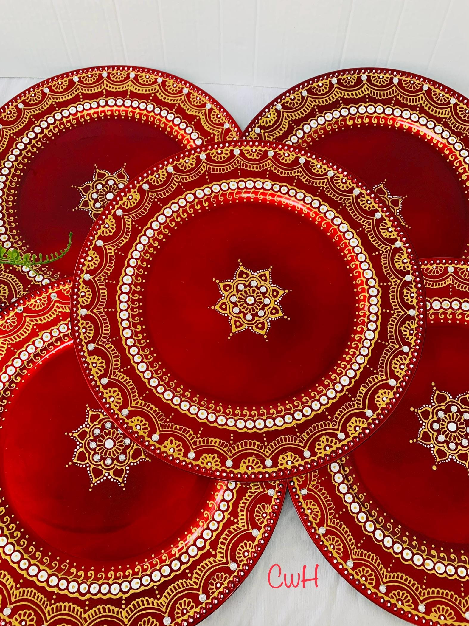 5 Beautiful Red Round Henna Charger Plates, 13" | Mehndi Thaals | Indian Wedding Trays | Mehndi Decoration | Wedding Table Decor