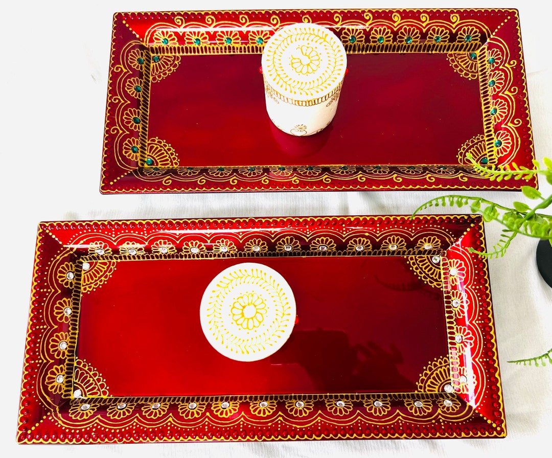 Set of 2 Red Henna Charger Plates Rectangle Mehndi Thaal Etsy