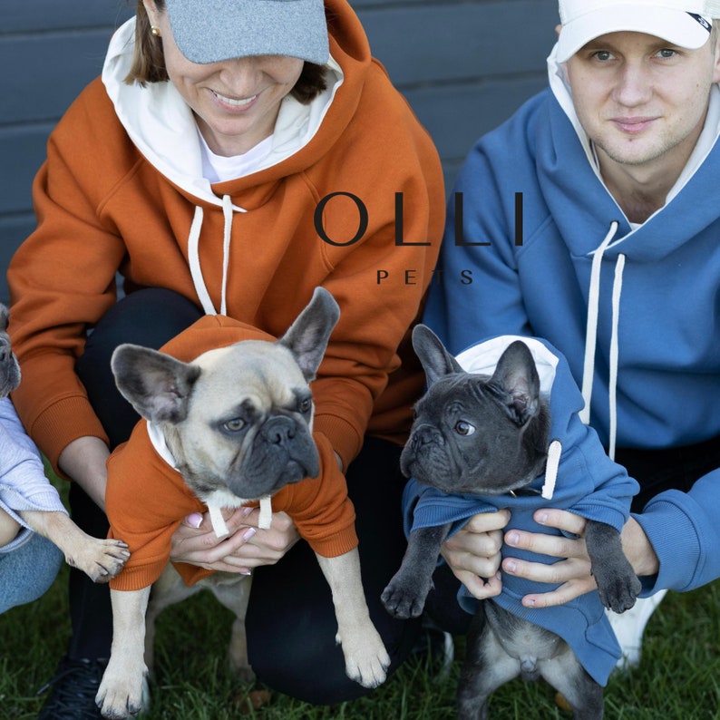 May include: Two matching hooded sweatshirts with white drawstrings and white inner linings, one in burnt orange and one in blue. The text OLLI PETS is centered. Two French bulldogs wear matching hoodies in the same colors, one orange and one blue.