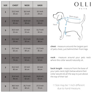 May include: A size chart for Olli Pets featuring a table with nine sizes, listing chest, neck, and back measurements in inches. Includes a line drawing of a dog with arrows indicating where to measure, plus instructions and a disclaimer about variance.