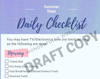 Summer Daily Chore Items Checklist for Tweens (multiple font options)