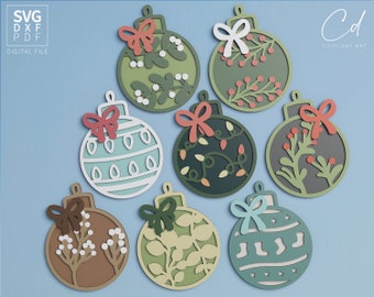May include: Set of eight Christmas ornament SVG cut files. The ornaments are decorated with various holiday themes, including holly, berries, and lights. Each ornament has a red bow.