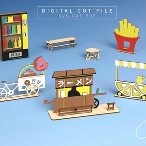 Food cart, Ramen cart, Fries kiosk, Donut cart, Vending machine SVG DXF PDF - glowforge laser cut file, tiered tray, digital cut file