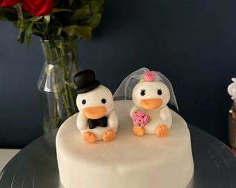 Handmade Fondant Duck Wedding Cake Topper, Bride Groom Duo