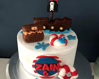 Handmade Pirate Ship Fondant Cake Topper Set – Nautical Birthday Theme