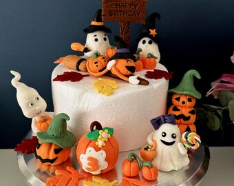 Halloween Fondant Cake Topper Set: Ghost, Pumpkin, Witch Hat - Edible Handmade Decoration
