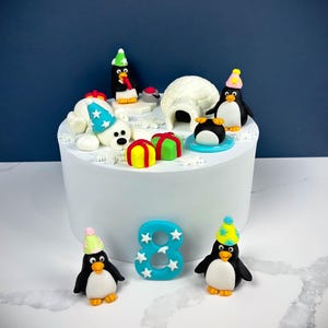 Winter Wonderland Fondant Cake Topper Set - Penguins,Igloo,Polar Bear,Snowflakkes and Presents- Custom Handmade Birthday Decorations.