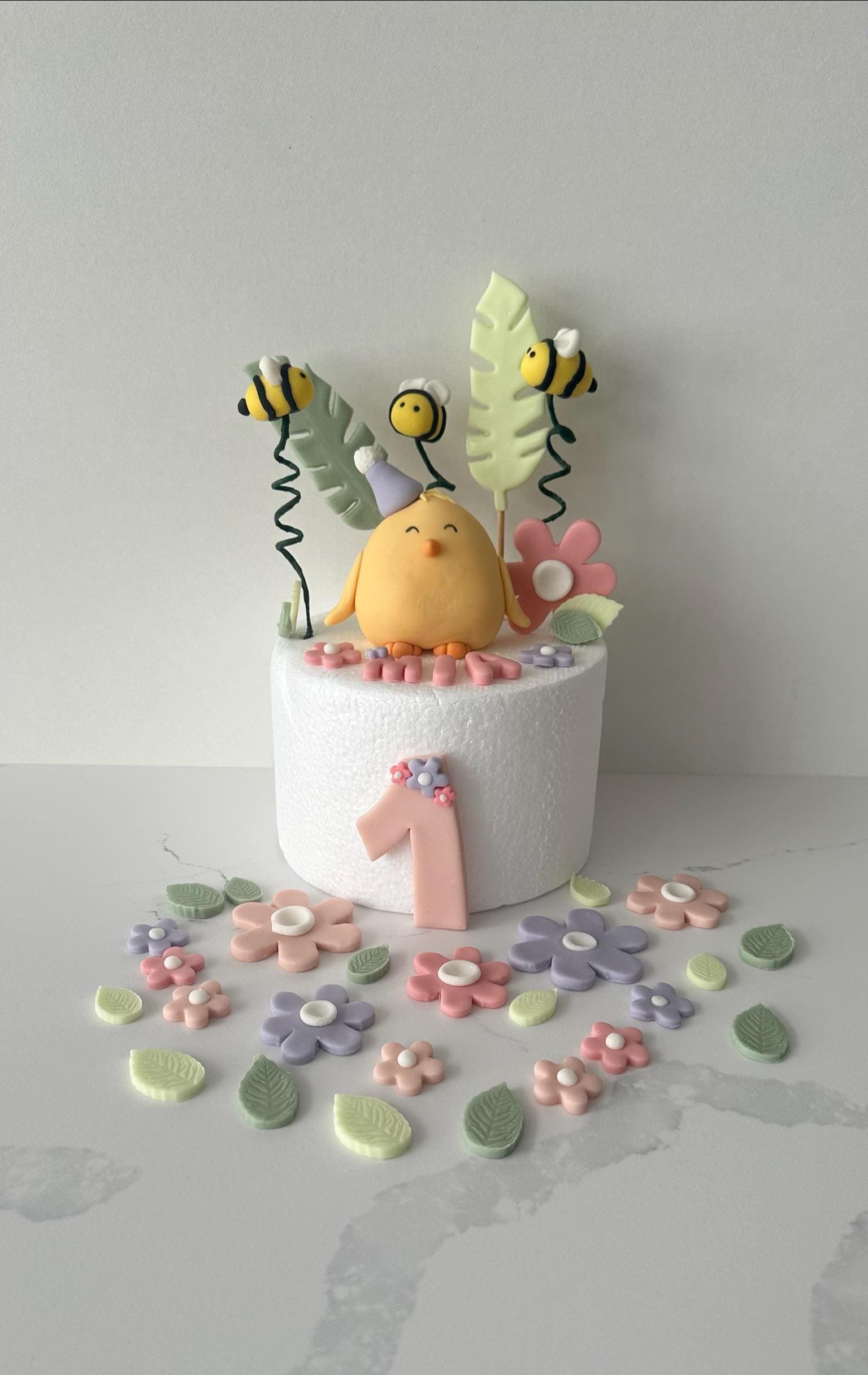 Handmade Edible Chick Cake Topper with Bees & Flowers- For Birthday Decoration-Cute Baby Shower or Spring Party Topper. personalized.