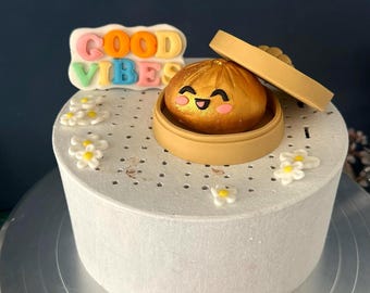 Handmade Bao Bun Cake Topper | Kawaii Dim Sum Birthday Decoration | Personalised Name Fondant Decor