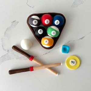 Personalised Pool Table Cakt Topper Set _ Billiards Theme Birthday Decoration - Handmade Fondant Balls and Cues .
