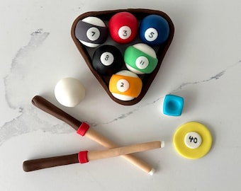 Personalized Billiards Cake Topper Set: Handmade Fondant Pool Balls & Cues