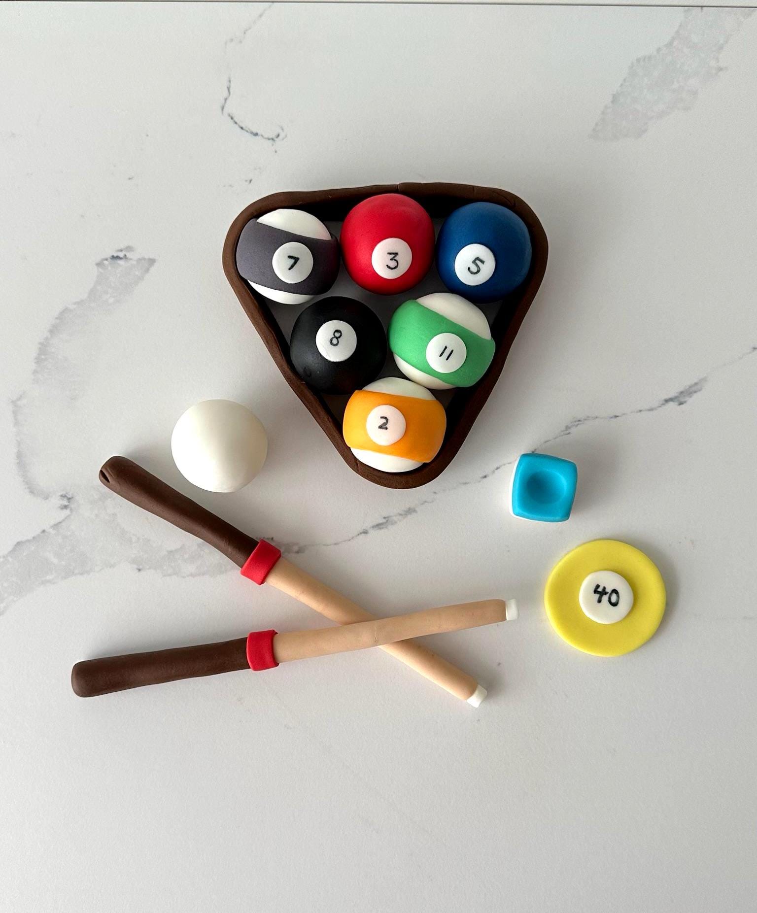 Personalised Pool Table Cakt Topper Set _ Billiards Theme Birthday Decoration - Handmade Fondant Balls and Cues .