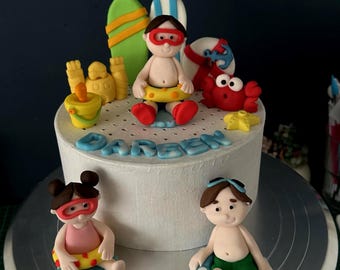 Personalised Beach Kids Cake Topper | Summer Birthday Decoration, Custom Name Fondant Child Figure