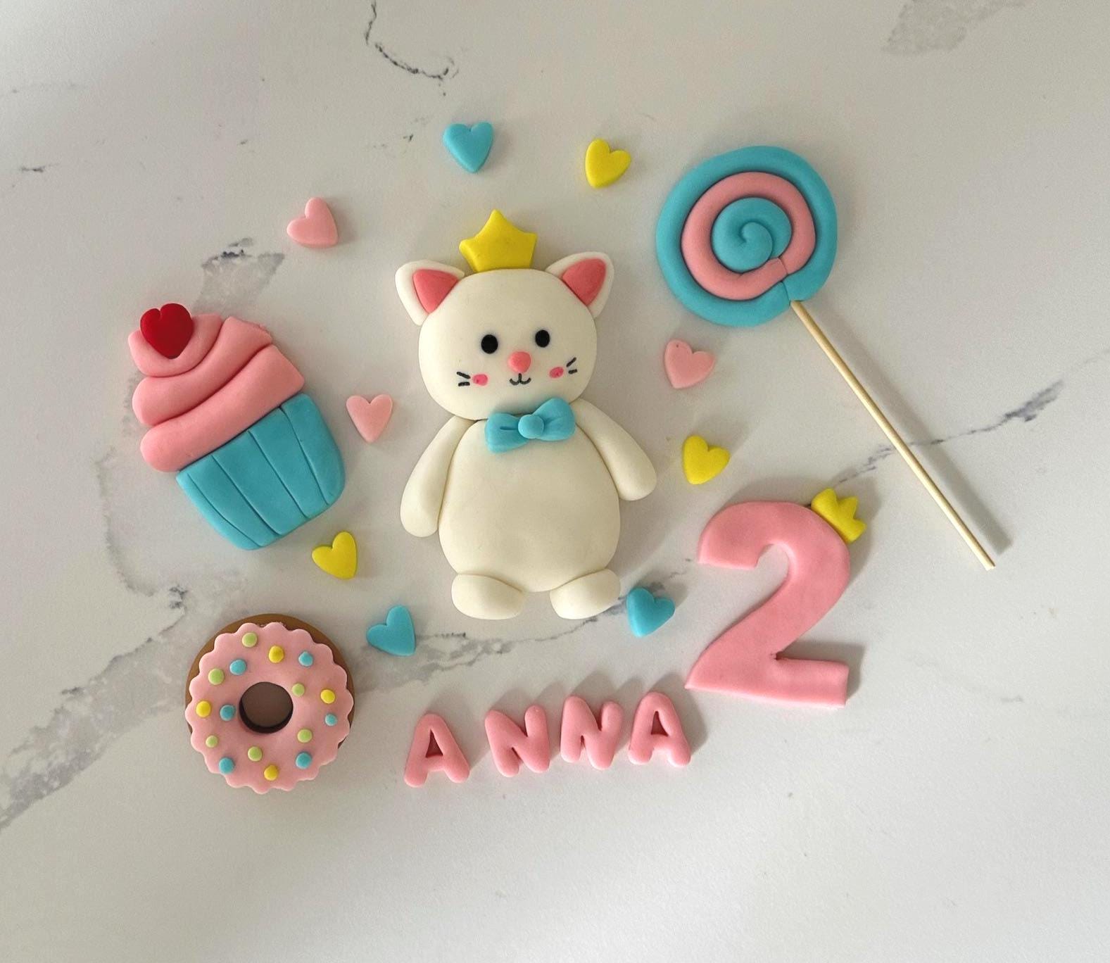 Custom Fondant Cake Topper Set - Cute Cat,Donut, Cupcake,Lollipop- Personalised Name and Age - Birthday Decoration For Girls.