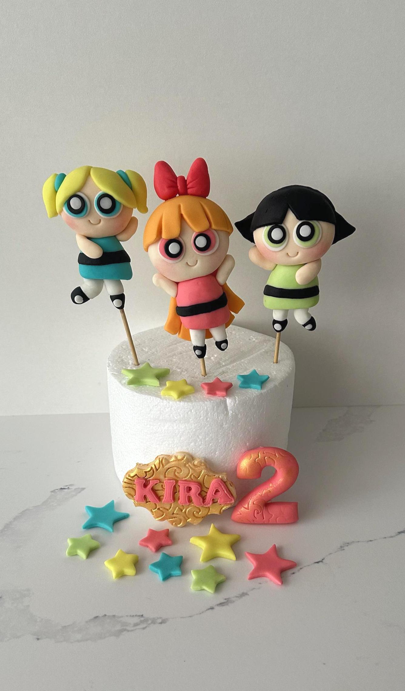 Powerpuff Girls Fondant Cake Toppers - Handmade set of 3 or Individually for Birthday Cake - Bubbles ,Blossom & Buttercup.