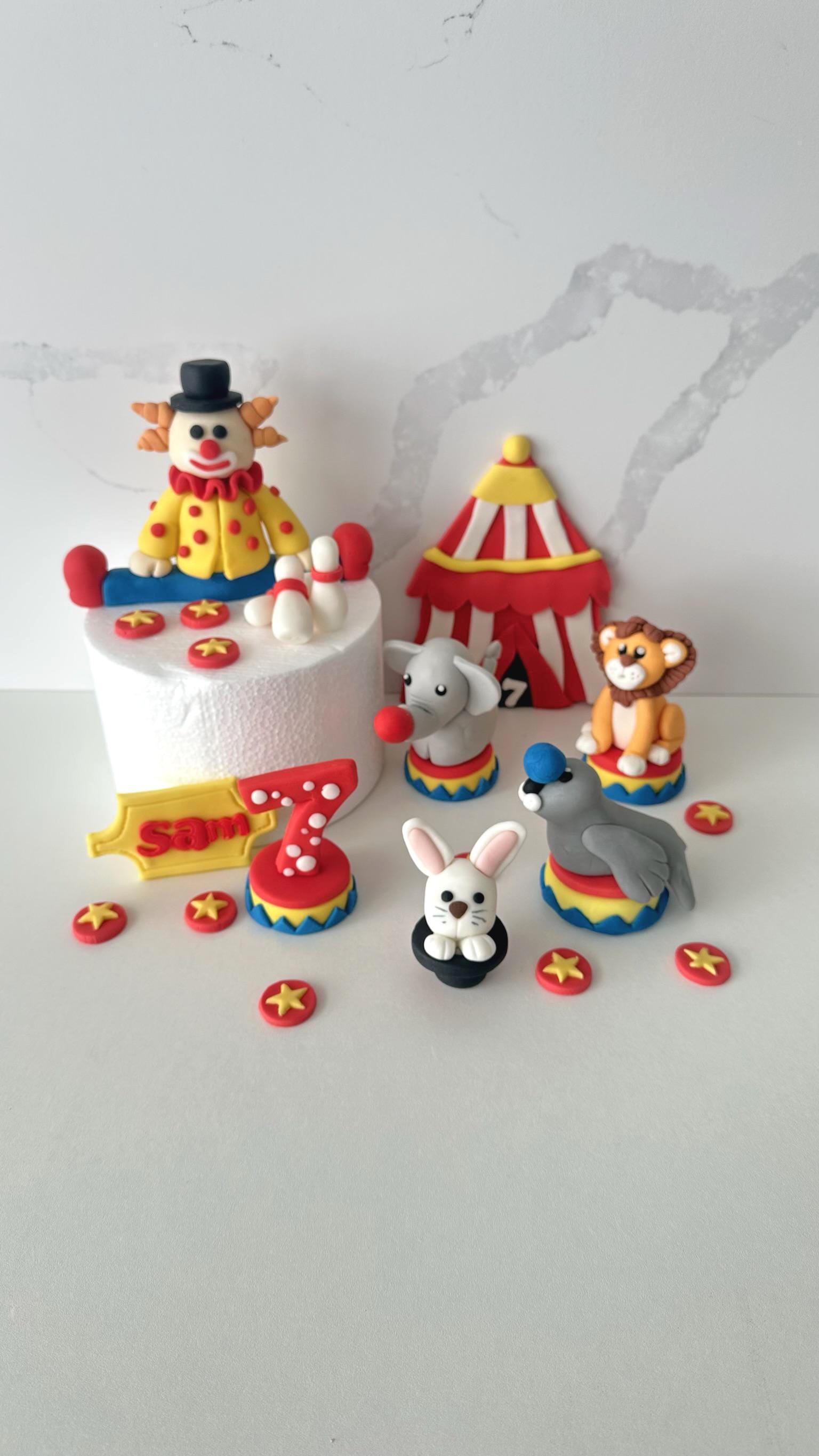 Circus theme cake topper set-clown,tent,animals and custom name&age.-Edible Fondant Decoration for kids Birthday/ carnival party.