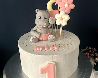 Personalised Edible Hippo Cake Topper | Custom Name, Age | First Birthday Decoration