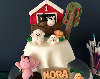 Handmade Farm Animals Birthday Cake Topper, Barn Theme Party Decoration, Personalised Name