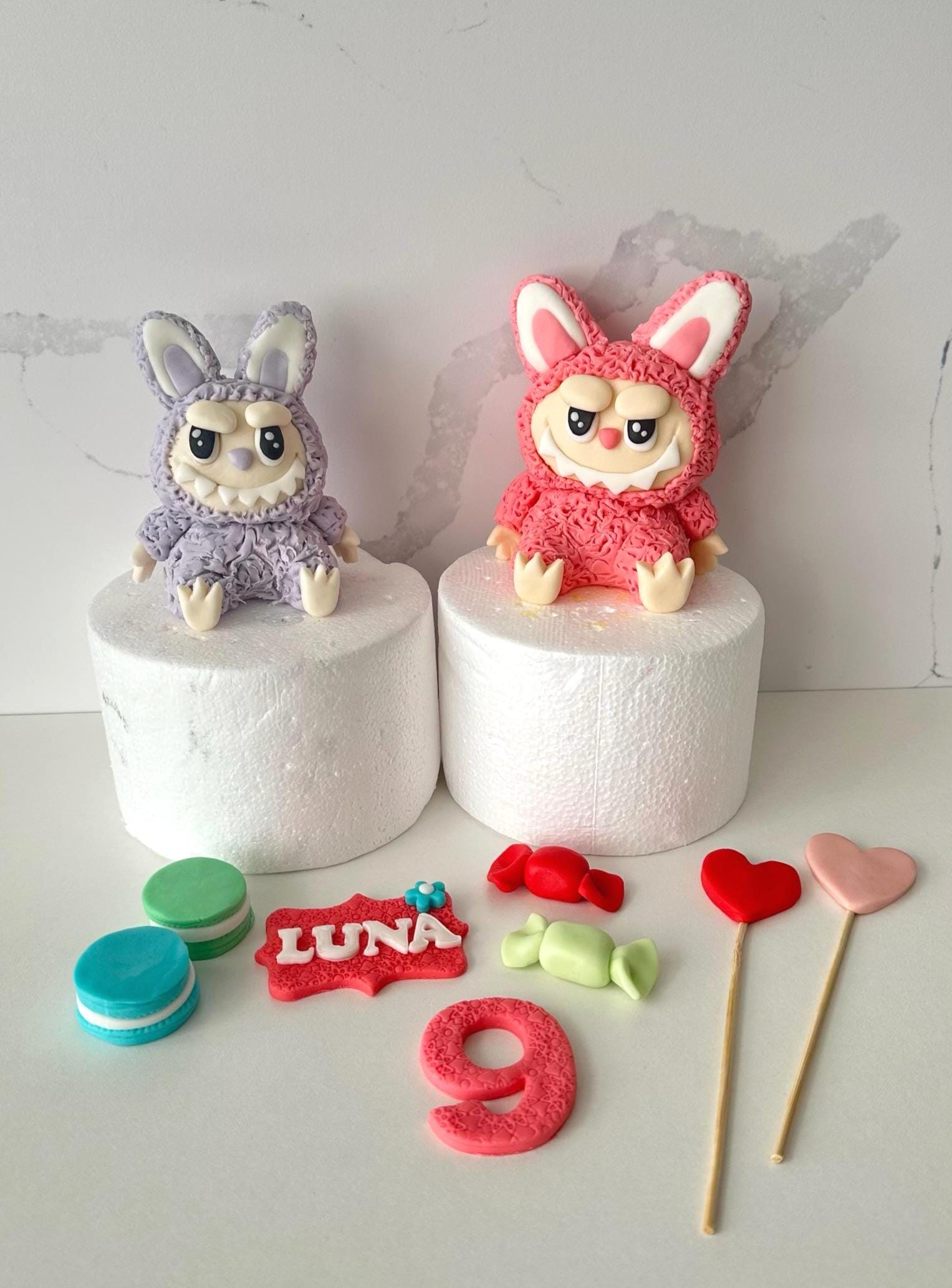 Edible  Labubu - Insperd cake Topper- Bunny Monster Fondant Figures.Personalised with name and age.