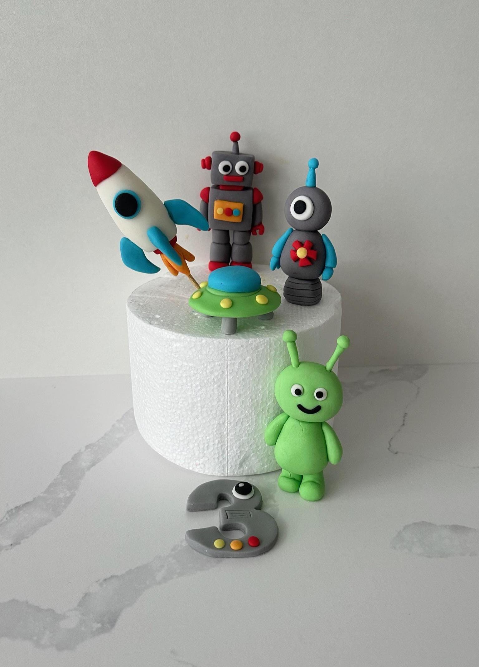 Space Theme Fondant Cake Toppers -Alien, Robot,UFO,Rocket, Number- Custom Birthday Set.