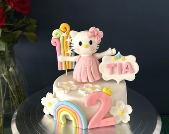 Custom Kawaii Kitty Fondant Cake Topper, Pastel Rainbow Floral Birthday Name Age