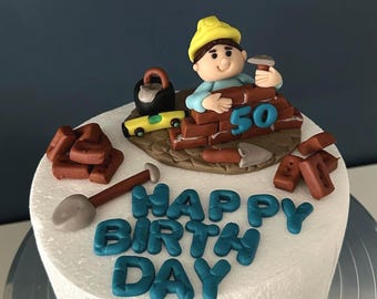 Handmade Builder Cake Topper: Construction Theme Fondant Figurine