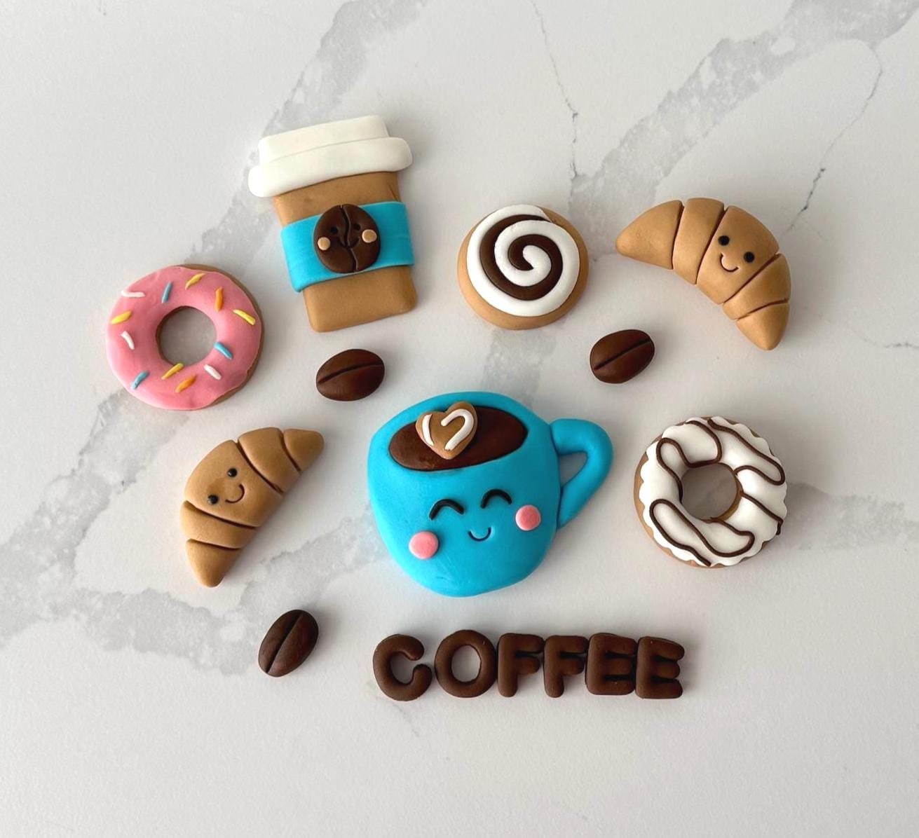 Custo Coffee Cake Topper Set - Donuts,Croissants,Coffee beans,cinnamon roll - Cute Cafe Theme For Teens and Adults.