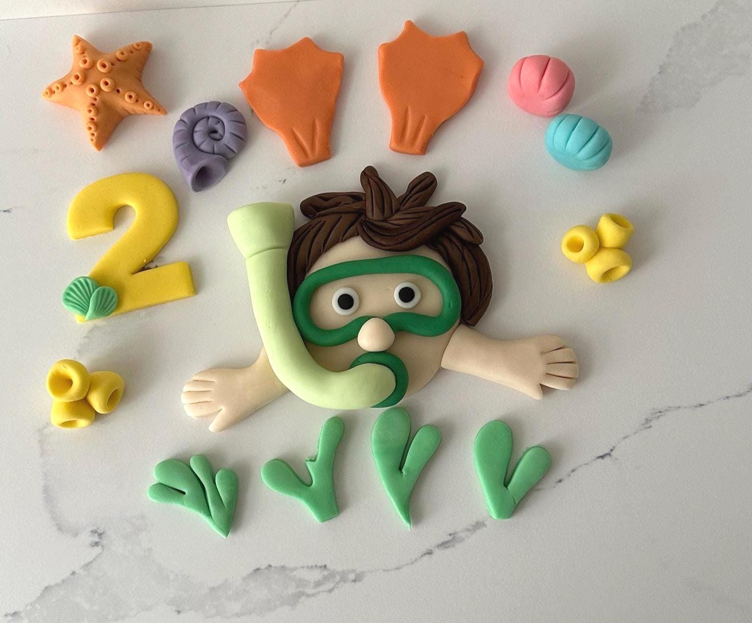 Snorkeling Cake topper- Underwater Diver BoyGirl with Flippers - Ocean theme Birthday cake decoration.