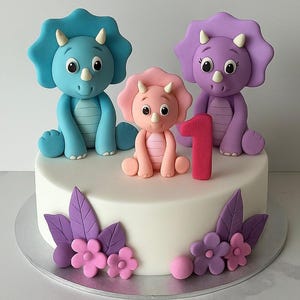 Fondant Dinosaur Cake Toppers - Cute Girl/ Boy Dino with Mom and Dad Set For birthday Cakes.