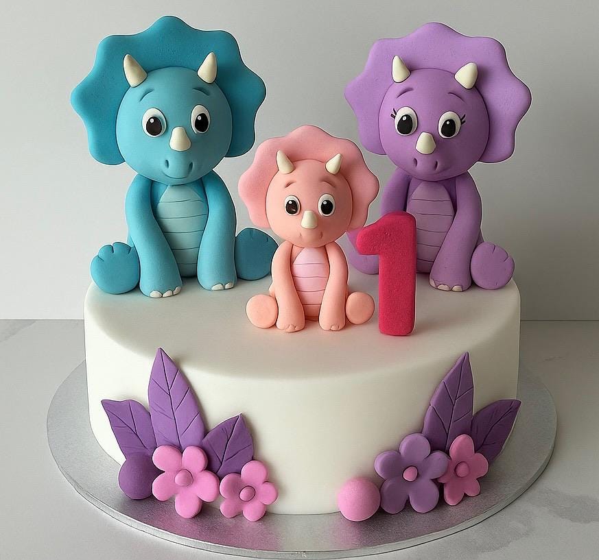 Fondant Dinosaur Cake Toppers - Cute Girl/ Boy Dino with Mom and Dad Set For birthday Cakes.