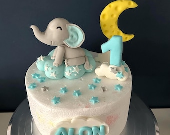 Fondant Elephant Cake Topper - Handmade Moon and Clouds Decoration
