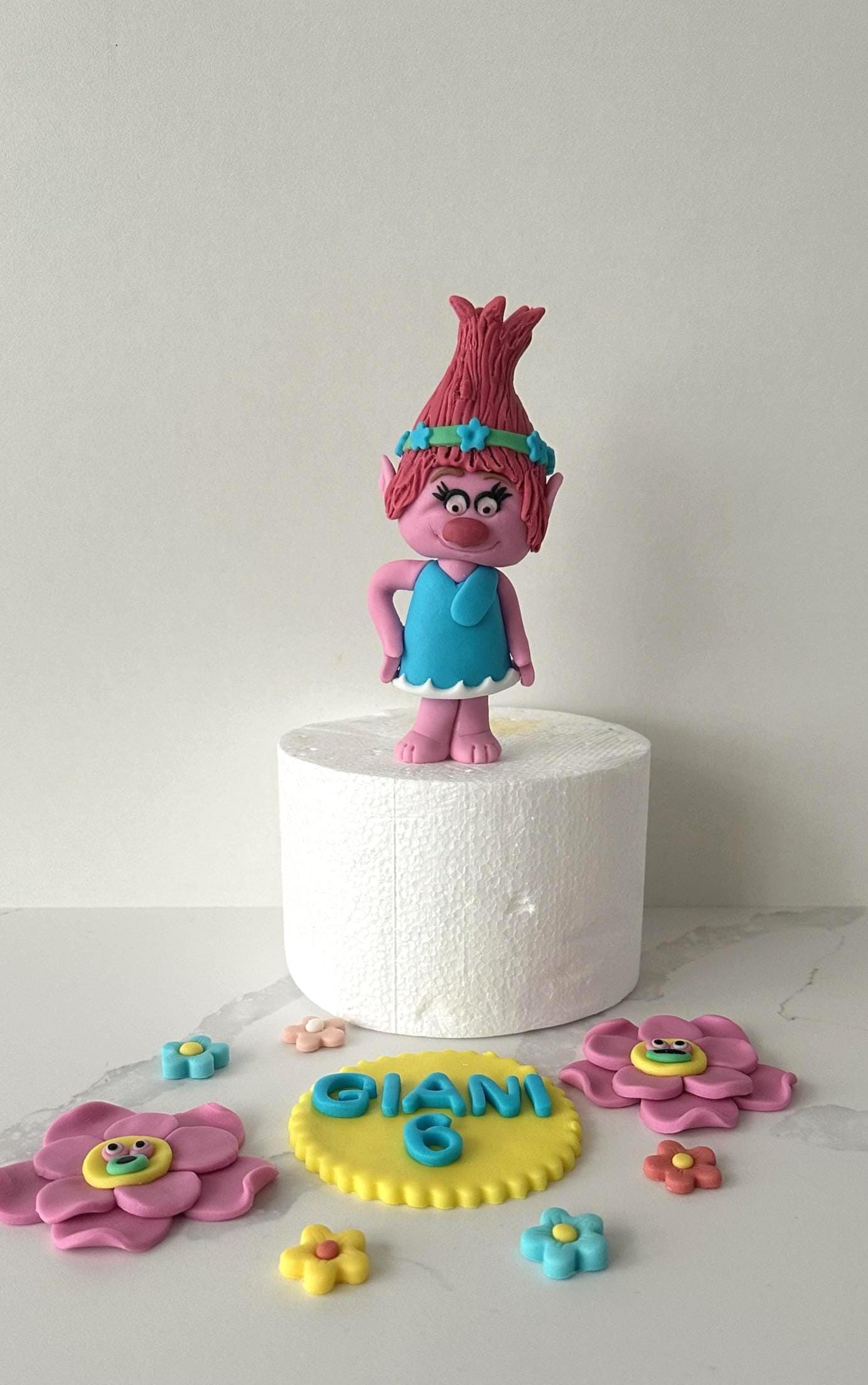 Trolls-Inspired Cake Topper Set - Handmade 3D Poppy Figurine With Name and Age - Cake Decoration Set.