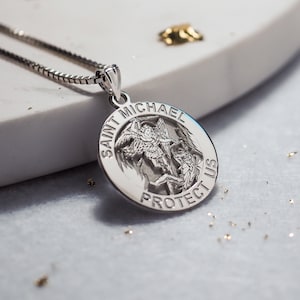 St michael pendant, saint michael medal necklace, round saint michael necklace medal, gold & silver saint michael the archangel necklace