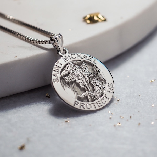 St michael pendant, saint michael medal necklace, round saint michael necklace medal, gold & silver saint michael the archangel necklace