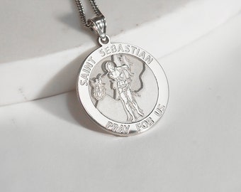 Saint sebastian medal necklace, patron saint sebastian round religious medal, st sebastian necklace