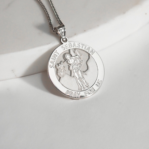 Saint sebastian medal necklace, patron saint sebastian round religious medal, st sebastian necklace