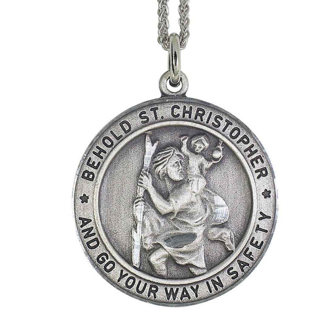 Antique Pewter Saint Christopher Safety Medal W/ 24 Inch Chain - Etsy